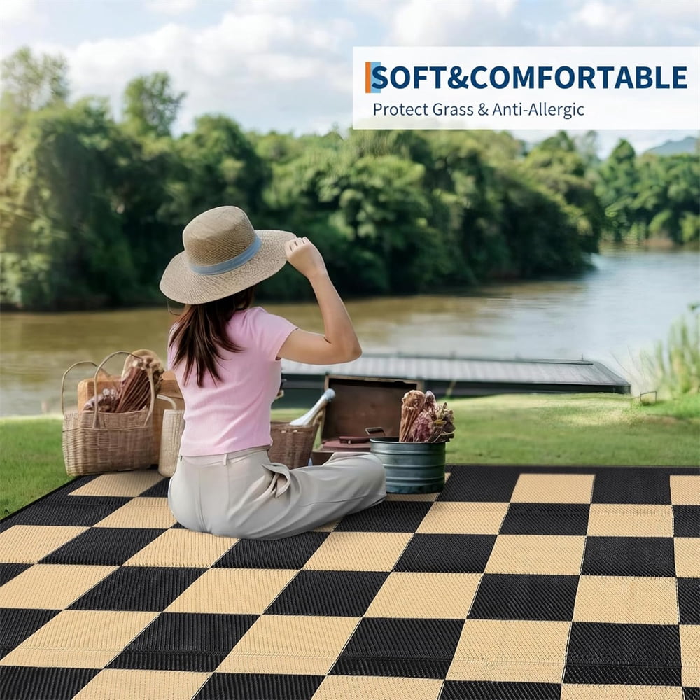 Outdoor Rugs 8x10ft/9x12ft Plaid Reversible Plastic Straw Rugs, Easy Cleaning Checkered Camping Carpet, Lightweight Outside Floor Mat for Picnic, Patio, RV, Porch, Deck, Balcony, Beach