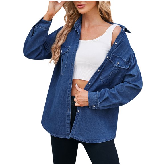 FAIWAD Women's Denim Jacket Long Sleeve Lapel Button up Basic Jean Jacket Casual Trendy Spring Outwear