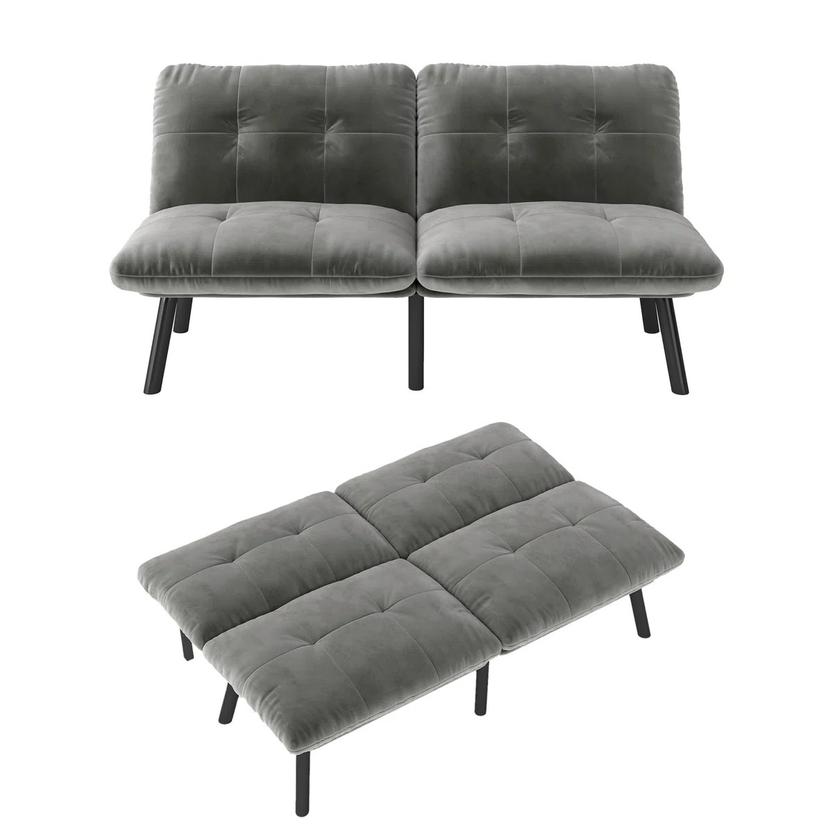Aukfa 3-in-1 Velvet Futon Sofa Bed, 63" Sleep Sofa with Split 5-Position Backrests, Gray