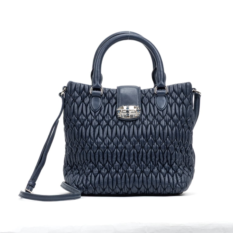 miu miu レザー ショルダーバッグ ネイビー Pre-Owned Miu Miu Navy Small Crystal Tote Shoulder bag Nappa