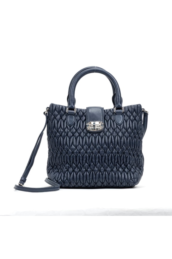 Pre-Owned Miu Miu Navy Small Crystal Tote Shoulder bag Nappa Matelasse Leather