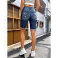 thumbnail image 7 of Women's High Waisted Stretch Denim Bermuda Shorts, Dark Blue Wash, with Rolled Cuffed Hem and 2-Button Closure, Slim Fit Summer Jeans, 7 of 7