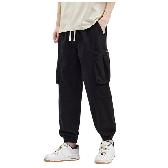 toraway Black Cargo Pants Men Big and Tall Men Solid Color Drawstring Pocket Ankle Binding Work Pants Casual Sports Business Trend Pants XL