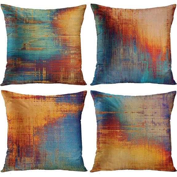 Set of 4 Throw Pillow Covers Vintage Abstract Blue and Orange Messy Rust Painting Decorative Pillow Cases Home Decor Standard Square 18x18 Inches Pillowcases