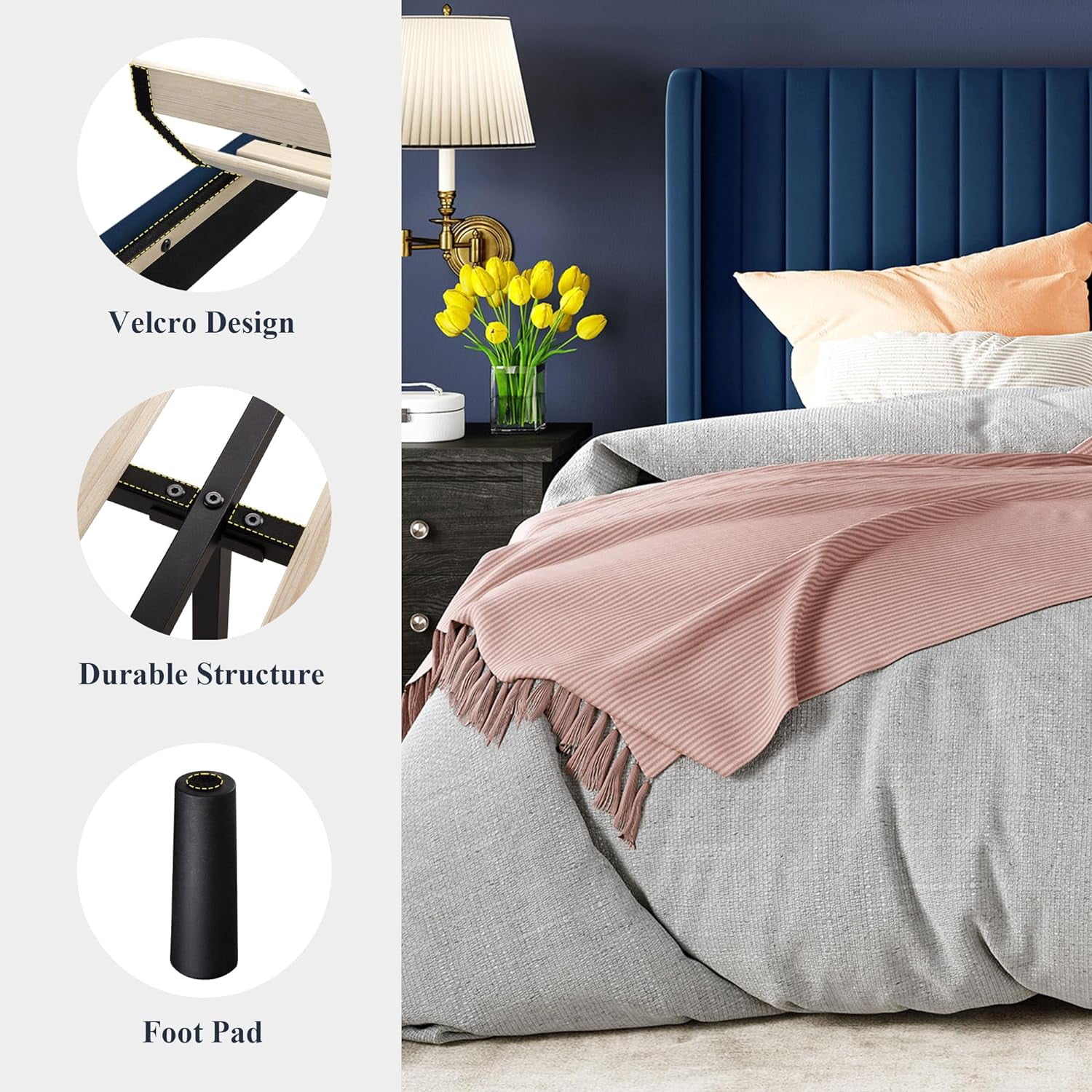 Allewie Queen Size Velvet Bed Frame/Vertical Channel Tufted Wingback Headboard/Upholstered Platform Bed/Strong Wooden Slats/No Box Spring Needed/Easy Assembly/Blue