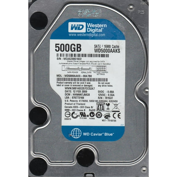 WD5000AAKS-00A7B0, DCM HHNNNTJMGB, Western Digital 500GB SATA 3.5 Hard Drive