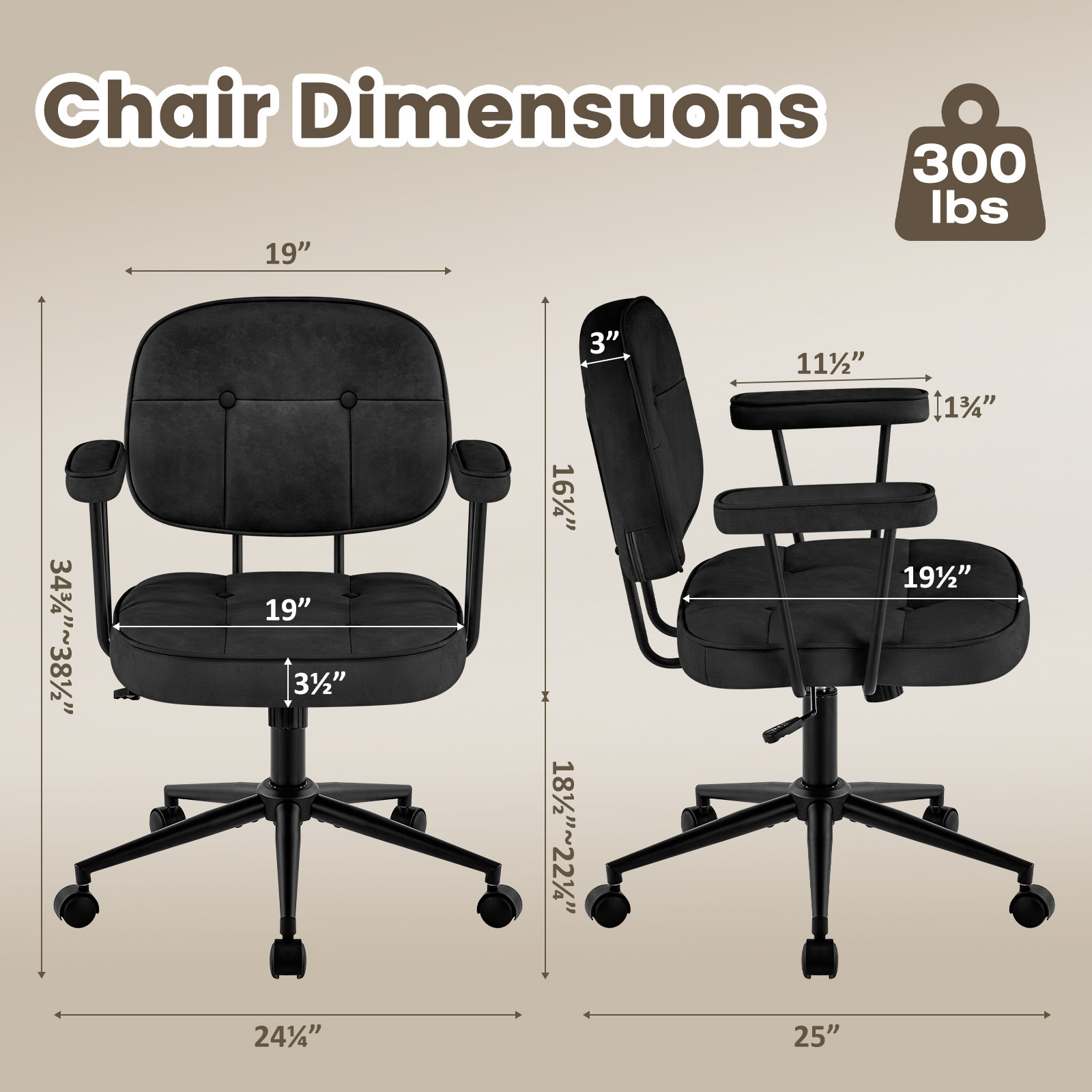 Falvinoryn Modern Home Office Desk Chair, Ergonomic Computer Task Chair with Padded Armrests, 360° Swivel Adjustable Height Rolling Chair, Rocking Function.Black