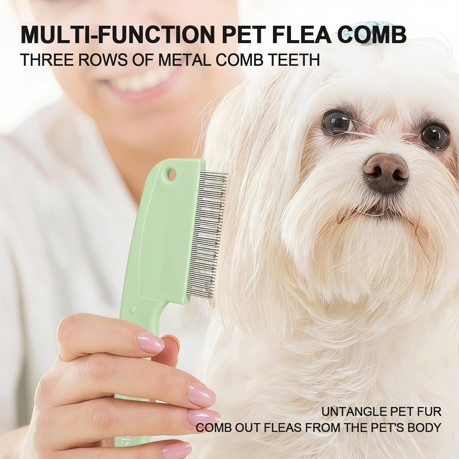Green 3-Row Pet Flea Comb with Handle Fine Tooth Flea Comb Lice&Tick Metal Comb for Dogs and Cats Remove Loose Hair Dirt Fleas 5.98in/15.2cm
