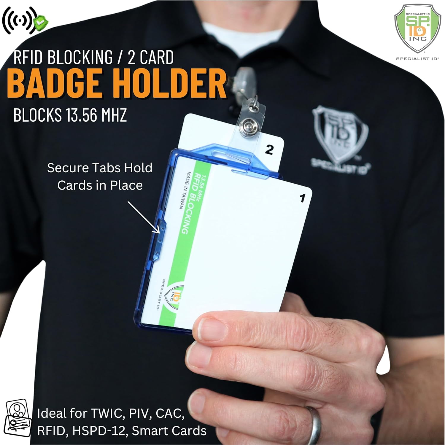 2 Pack - SPECIALIST ID RFID Blocking Badge Holder - Secure 2 Card Holder for Government, HSPD-12, CAC, TWIC, PIV, Smart Cards - Durable Hard Plastic, Dual Sided, RFID Badge Protection (Blue)