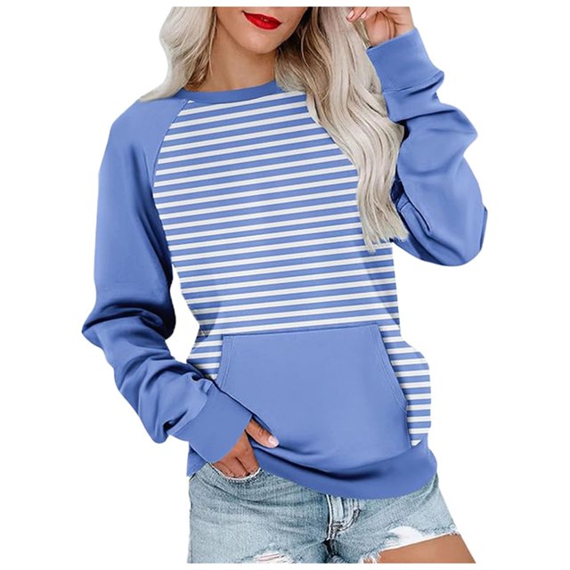 Wyzesi Chandails en Molleton Décontractés pour Femmes Mode Décontractée Rayé Couleur Unie Imprimé avec Poche Col Rond Manches Longues Sweat à Capuche Chandails en Molleton Col Rond Femmes Chandails en Molleton Graphiques Overd Maxi Femmes