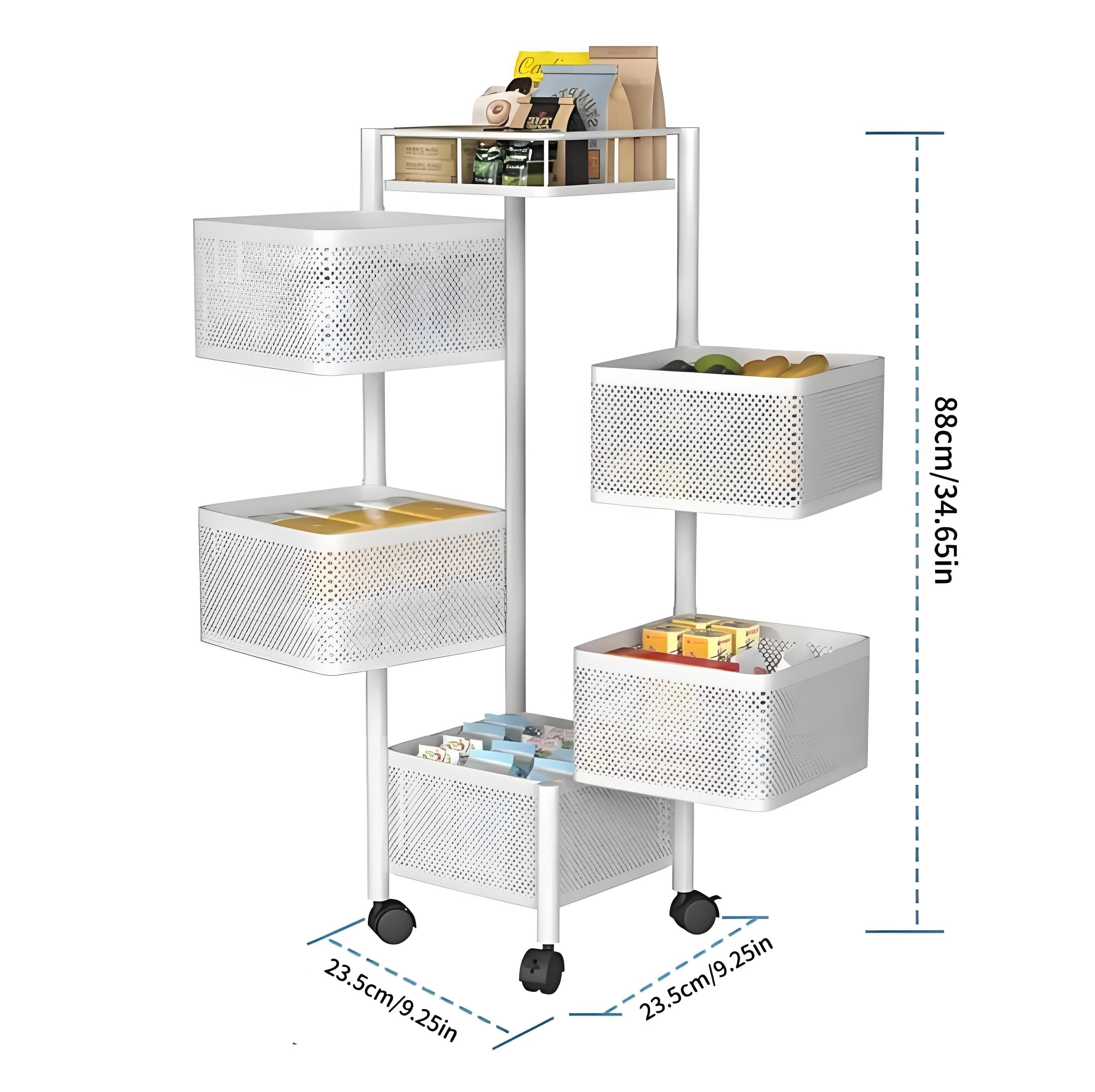 Howcool Square 5-Tier Rotating Kitchen Organizer, Heavy-Duty Metal Rolling Storage Cart with Wheels