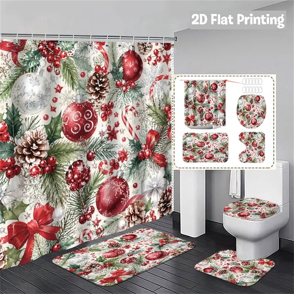 Christmas Shower Curtain Set, Bathroom Decor, 4 Piece Holiday Bathroom Set, Waterproof Curtain with 12 Hooks, Toilet Lid Cover and Mats for Home