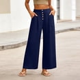 thumbnail image 2 of RQYYD Women's Elastic Waist Linen Pants Casual Loose Wide Leg Button Front Lightweight Summer Daily Wear Bottoms, 2 of 6