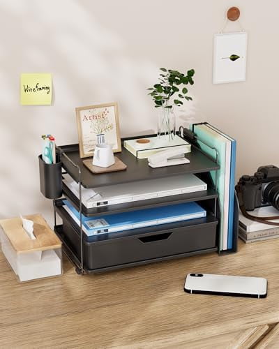 Quivanta Desk Organizer - 4-Tier Office Desk Accessories with Drawer ＆ Pen Holder, Tool-Free Assembly Organizer with Non-Slip Pads, for Office Supplies Storage, Plastic, 13.3" x 8.0" x 10.8", Black