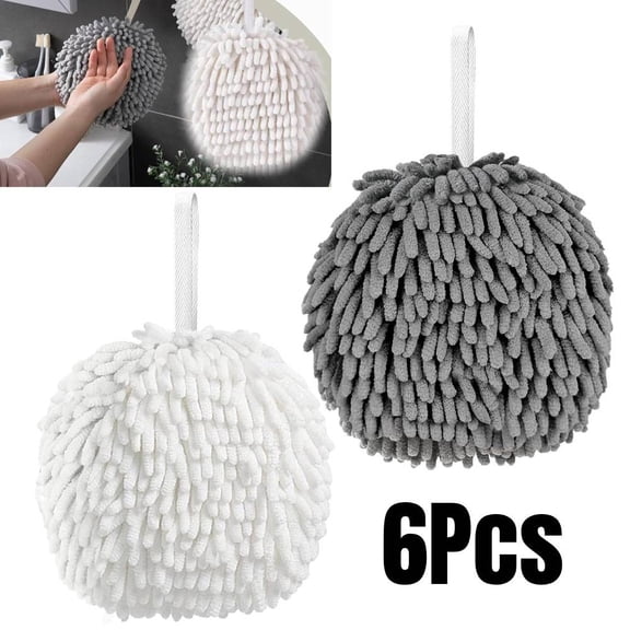 Fuzzy Ball Chenille Quick Drying Hand Towels, 6-Count, (White and Grey)