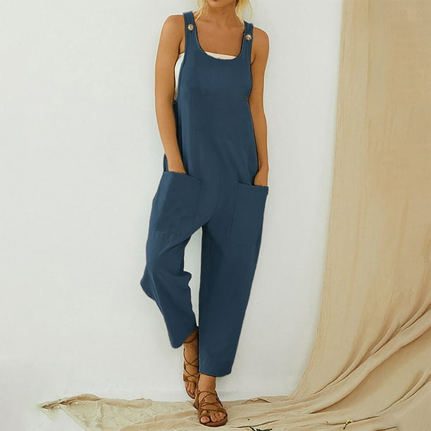 Women s Sleeveless Bib Overalls Suspender Loose Wide Leg Pant Jumpsuits Casual Summer Button Rompers with Pockets X Large Blue