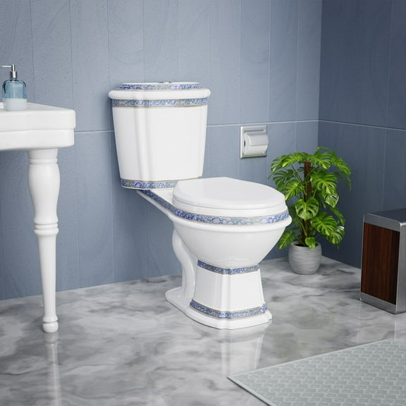 India Reserve 2 Piece Bathroom Toilet Dual Flush Elongated Blue and White Porcelain Toilet w/Slow Close Seat Renovators Supply