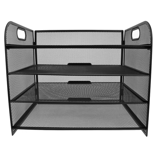 Organizador de 4 niveles con asas para cartas, papel, clasificador de archivos, estantería de escritorio, archivador decorativo, soporte para carpetas, revistero, estantería de metal negra