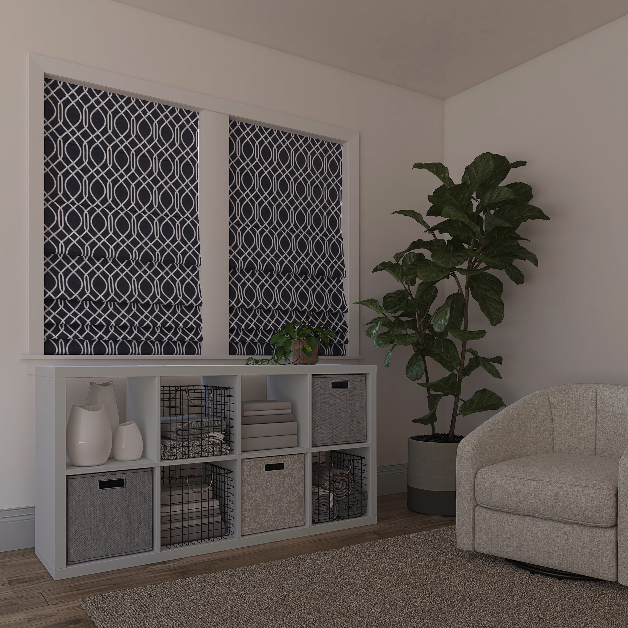 Sun Zero Detour Modern Trellis 100% Blackout Cordless Roman Shade, 39"x64", Navy Blue