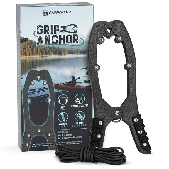 Canoe Anchor Grip - Boat, Float Tube & Kayak Fishing Accessories, Kayaking Equipment - Brush Clamp Anchor With Teeth - Gripper With 15ft Paracord - Rubber Grips - Coated Steel, Without Battery