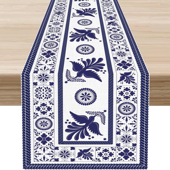 Floral Birds Mexican Table Runner, Mexico Talavera Dia De Los Muertos Party Decorations Blue Patchwork Tiles Table Center Decor for Home Kitchen Dining Patio Indoor Outdoor Table, 13"x108" Inch