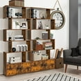 thumbnail image 2 of Giantex 2PCS 6-Tier Geometric Bookcase  w/Cabinet, Freestanding Display Shelves  w/Anti-Tipping Device, Wood S-Shaped Bookshelf, Brown, 2 of 8