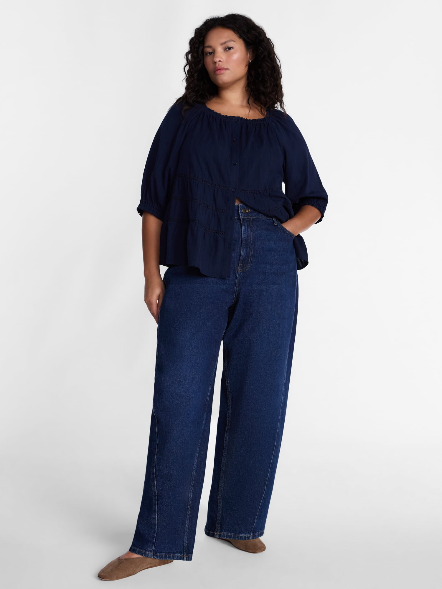 Terra & Sky Women's Plus Button Front Swing Top with Elbow Length Sleeves, Sizes 0X-5X