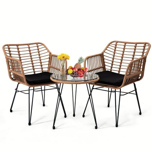 LOGYAT 3 Pieces Patio Bistro Set, Wicker Furniture Set, 2 Chairs and 1 Glass Top Table, Ideal for Porch, Outdoor, Backyard, Balcony, Natural