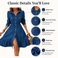 thumbnail image 3 of Women's Flowy Jean Dress, Vacation Lapel Long Puff Sleeve Button Down A-Line Swing Ruffle Denim Dress, 3 of 6
