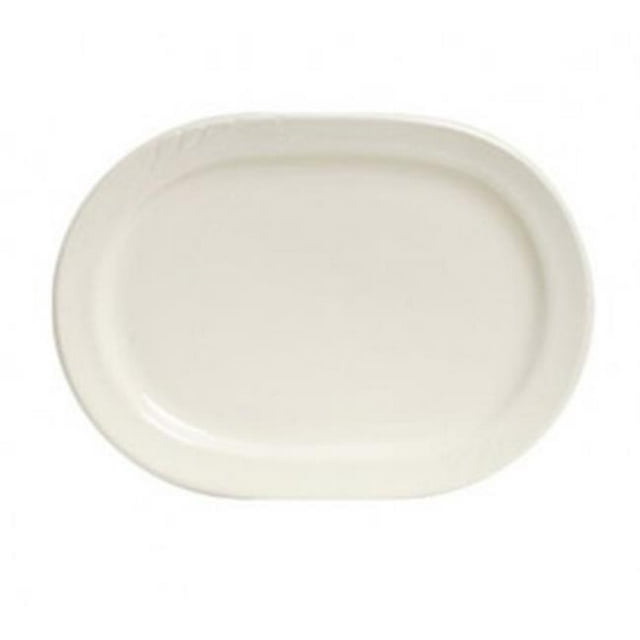 Tuxton China YEH-102 Monterey 10.38 in. x 7.5 in. Embossed Pattern Racetrack Platter - American White - 2 Dozen