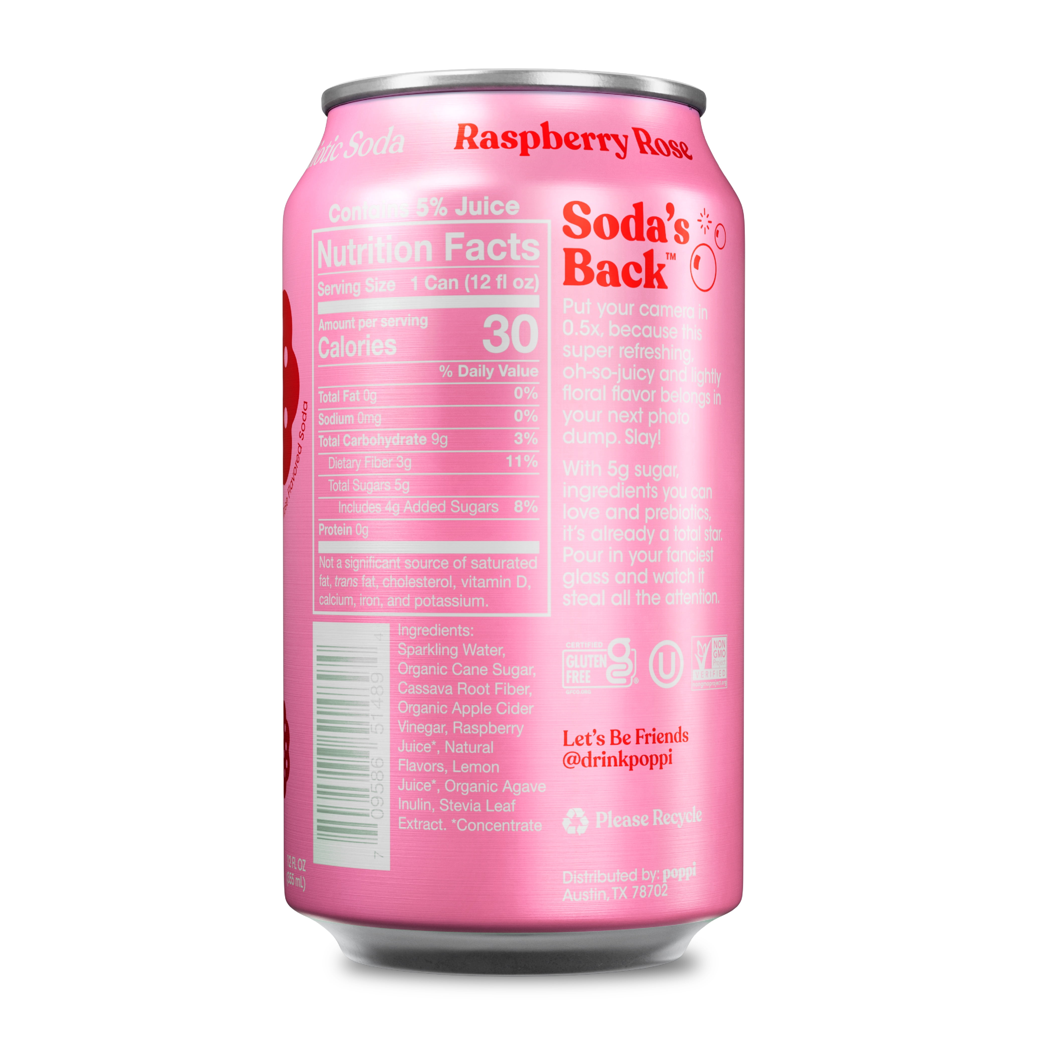 poppi Raspberry Rose Prebiotic Soda, 12 fl oz, 1 Pack Can