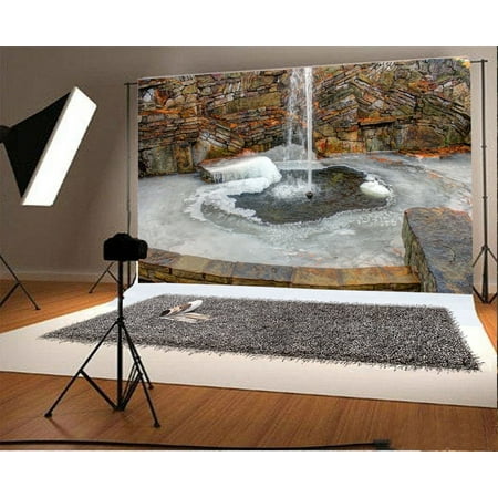 Image of MOHome 7x5ft Water Fountain Backdrop Nature Landscape Weathered Brick Wallpaper Rustic Travel Photography Background Kids Children Adults Photo Studio Props