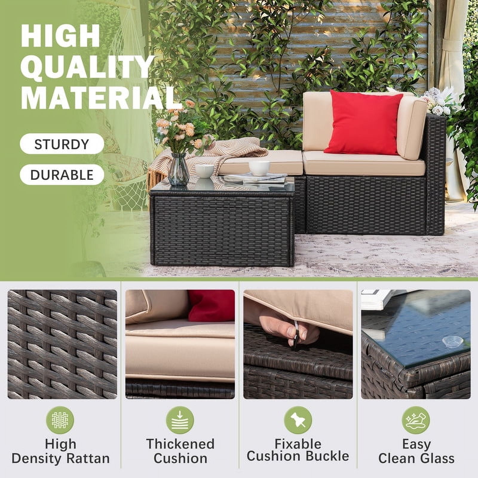 Devoko Outdoor Sectional Sofa PE Rattan Patio Furniture Sets with Cushions and Table,Beige