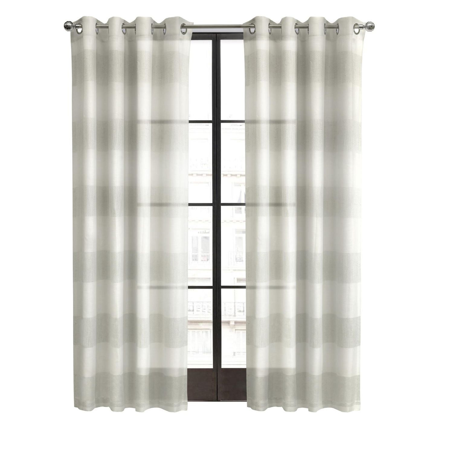 Loft Living Petoskey Faux Linen Metallic Striped Grommet Single Curtain Panel Sheer 52" x 84" in Ivory Grey