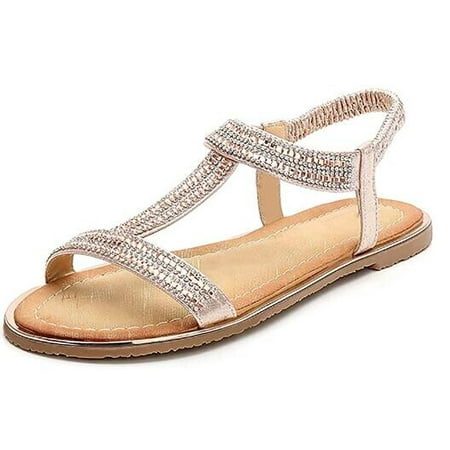 

Women Bohemian Rhinestones Sandals Open Toe Flat Shoes Size 6.5