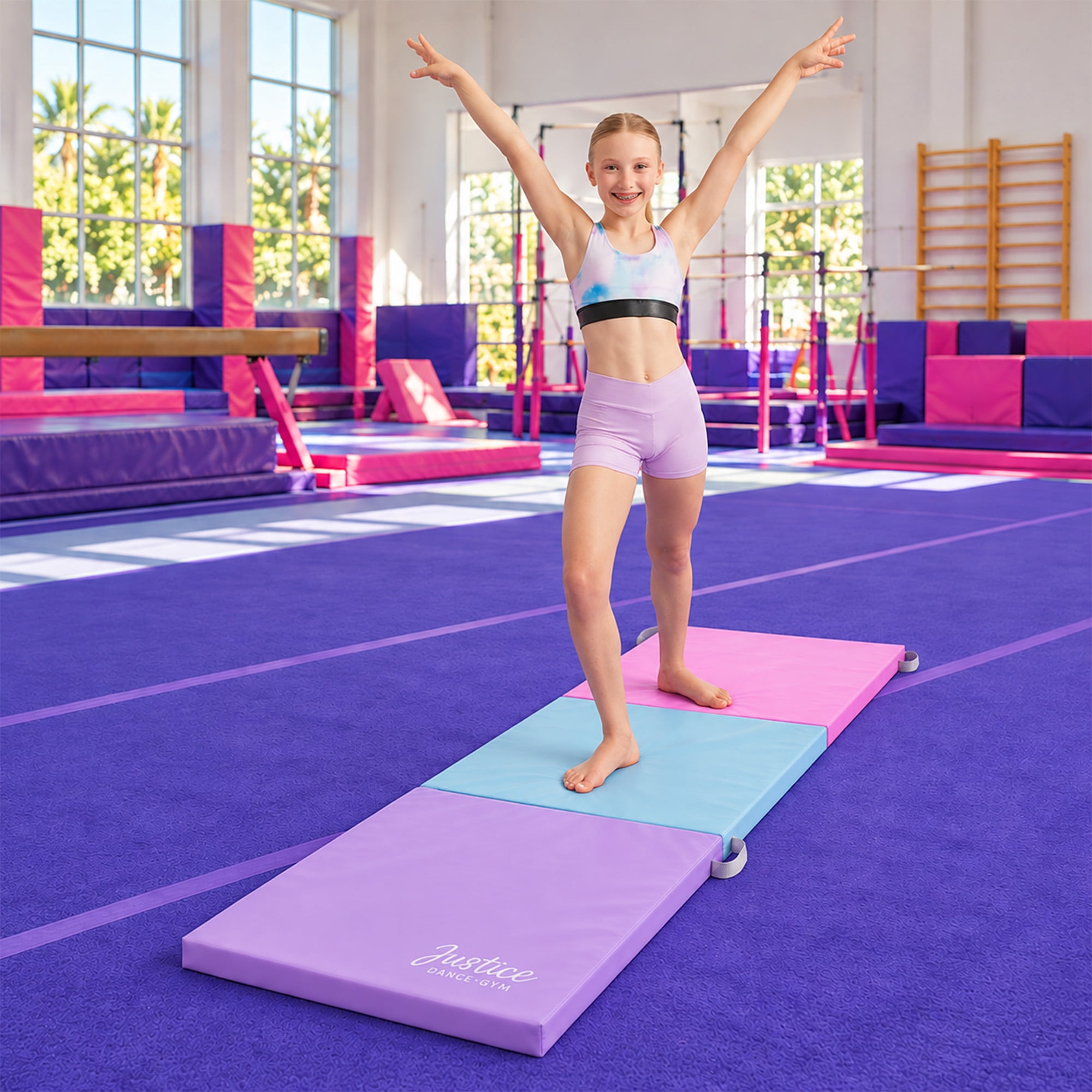 Justice 6ft Three-Fold Gymnastics Mat with Carry Handles, Multi Color, 1.5-inch Thickness