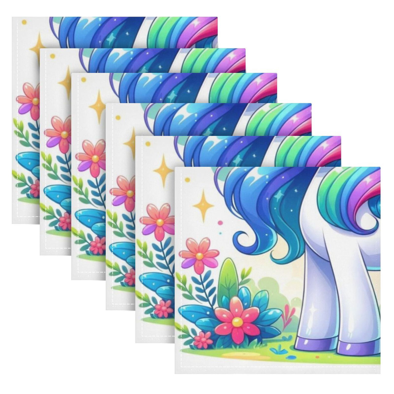 JSTEL Rainbow Unicon Stars Cartoon Cloth Napkins Set of 6, 20x20 Inch Washable and Reusable Napkin for Decoupage Dinner Party Everyday Use