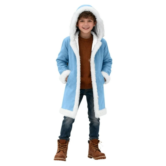 OGLCCG Boys Long Cardigan Hoodies Kids Santa Claus Xmas Faux Fur Trim Warm Hooded Coat with Pockets Open Front Fleece Lined Warm Outwear 5-14 Years