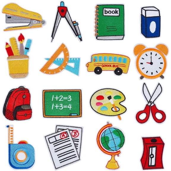 16Pcs Back to School Iron on Patches Adhesive School Theme Sew on Patches Decorative Book Blackboard Painting Tray Bus Pencil Clock Embroidered Appliques Repair Patch for DIY Clothing DIY Craft