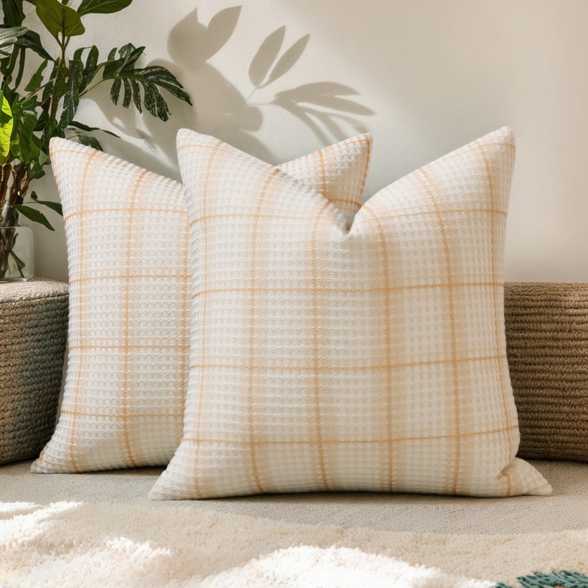 Unique Bargains Plaid Decorative Throw Pillow Covers Pack of 2 Beige 20" x 20"