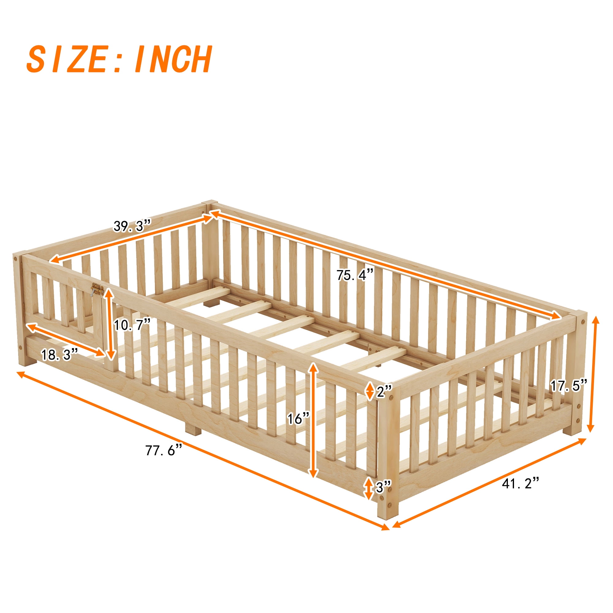DreamBuck Twin Size Floor Bed with Door and Fence for Montessori Floor Bed with Slats and Safety Guardrails, Wood Floor Bed Frame, Twin Bed Frame for Girls, Boys, No Box Spring Needed