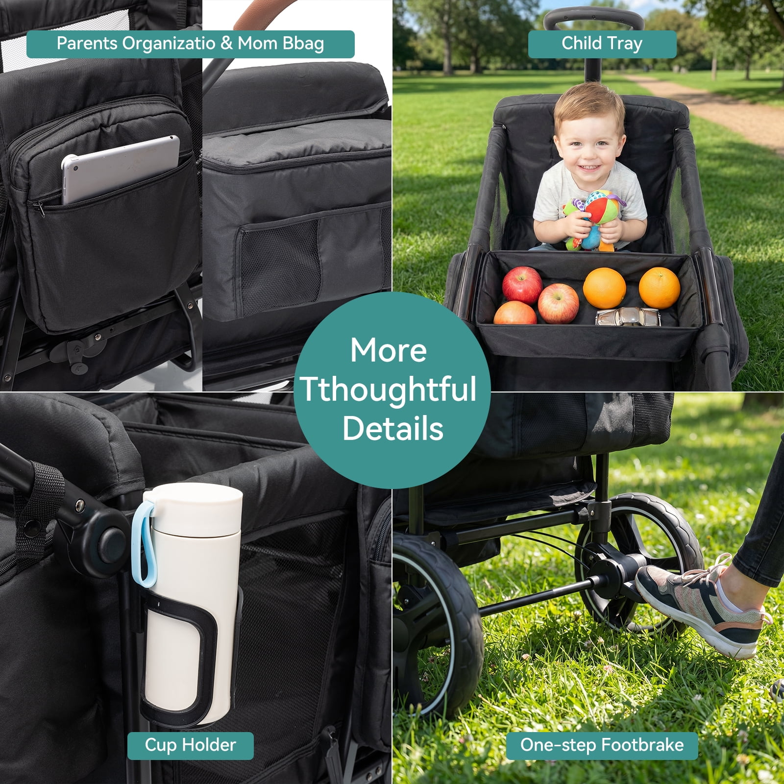 Folding Push Pull Wagon Stroller for 2 Kids – Adjustable Canopy UPF 50+ and Mosquito Net, 5-Point Harness, All-Terrain Wheels, Large Storage with Snack Tray, Ideal for Baby Toddler Park Beach Travel