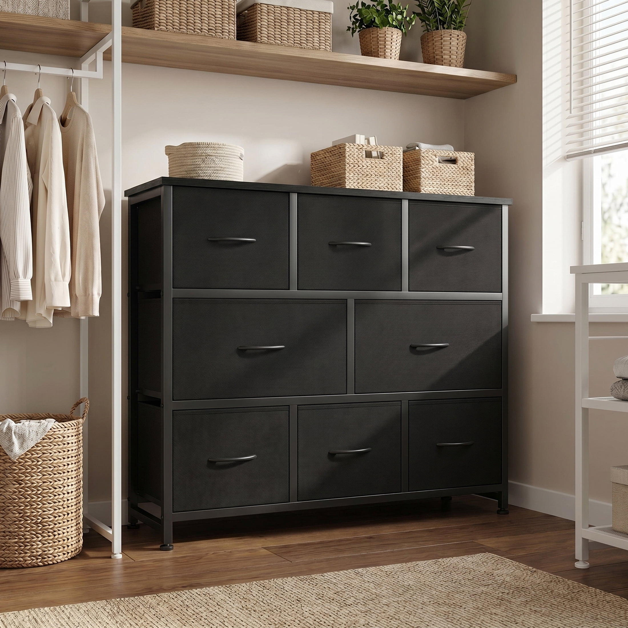 edx 8 Drawers Fabric Dresser, Chest of Drawers with Sturdy Steel Frame, Storage Organizer Cabinet for Bedroom, Living Room, Hallway, Black