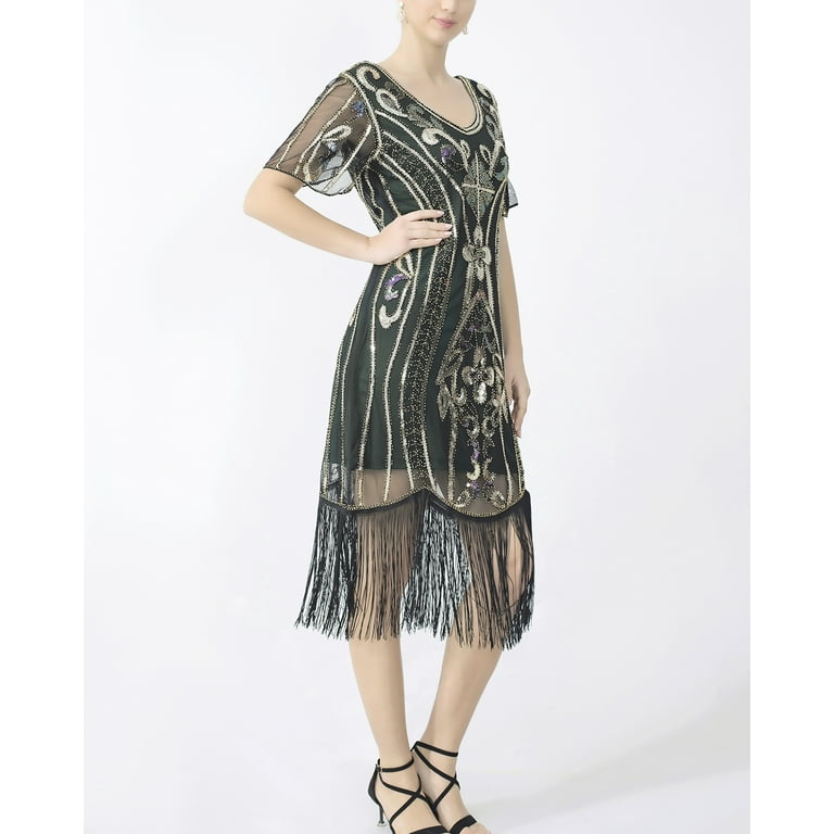 antique beaded flapper dress 1920's Black Flapper Dress with Silver and Gold Beaded Fringe main image 0