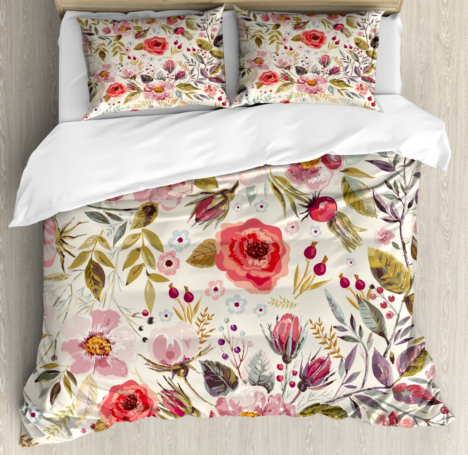 Flower Duvet Cover Set with Pillow Shams Pink Rose Tulip Abstract Print 