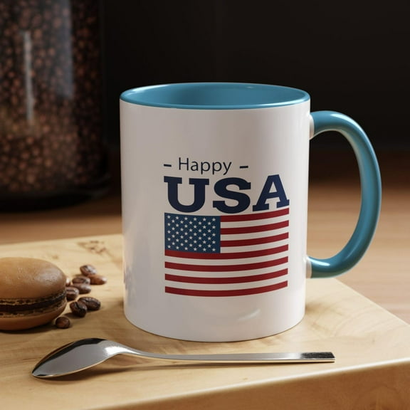 Happy USA Mug – 4th of July Independence Day Accent Coffee Mug, Patriotic Gift Idea, Red White Blue American Flag Cup,Blue Handle Mug 11oz color