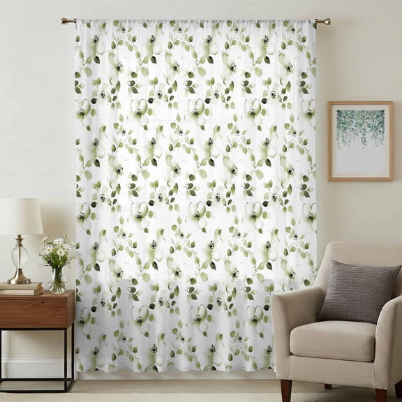 Sage Green Botanical Sheer Curtains 72 Inches Long, Retro Blossom Floral Wildflower Light Filering Curtains, Breathable Simi Curtain Privacy Drapes for Living Room Bedroom Window Treatment