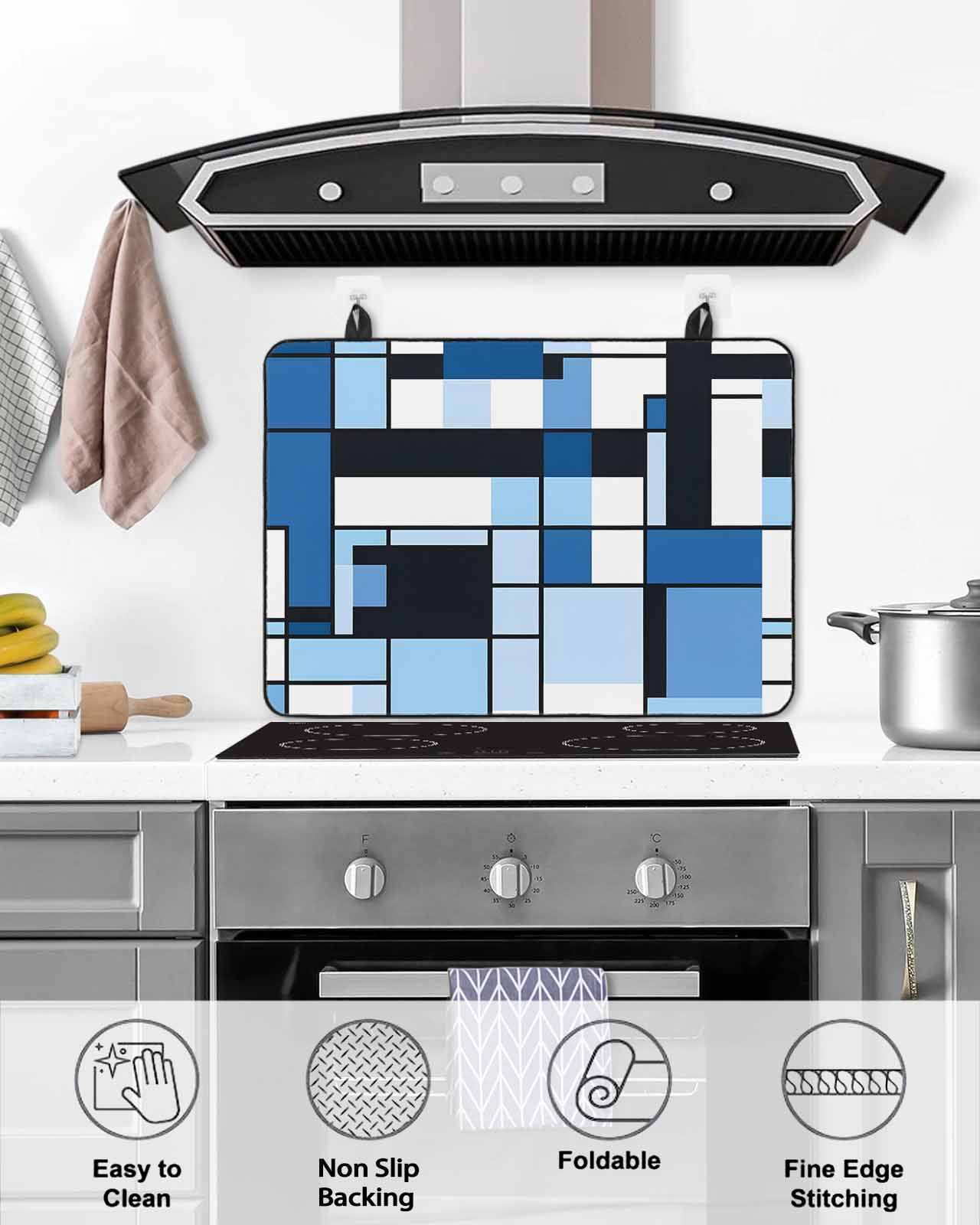 nqOlkjepod Large Induction Cooktop Protector Mat 24"x21", Black Blue Geometric Stove Top Covers for Electric Stove, Blue White Abstract Art Modern Stove Burner Cover Mats, Glass Top Stove Cover