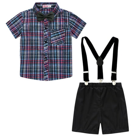

TAIAOJING Toddler Baby Boy Summer Clothes Short Sleeve Plaid Shirt Tops Shorts With Tie Child Kids Gentleman Outfit 5-6 Years