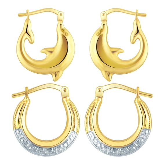 Brilliance Fine Jewelry Women's 14K Gold Plated Sterling Silver Dolphin and Greek Key Hoops Earrings